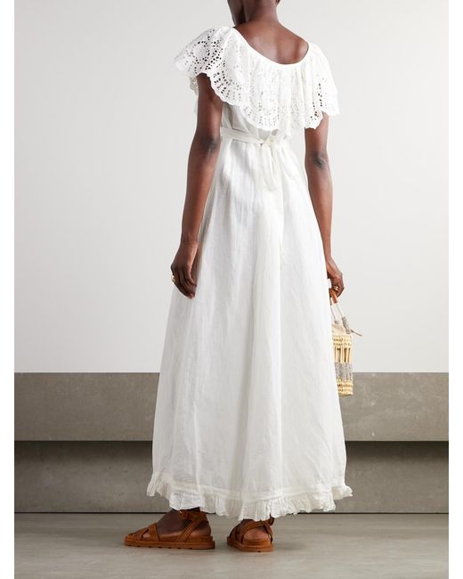 Thierry Colson White Milos Ruffled Broderie Anglaise Linen And Cotton-Blend Maxi Dress