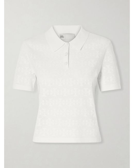 Tory Burch White Pointelle-Knit Polo Shirt
