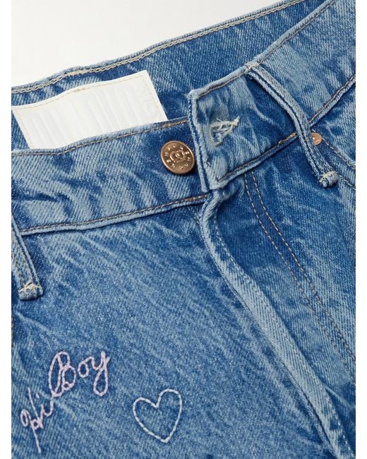 Mother Blue Double Dip Nerdy Embroidered Mid-Rise Wide-Leg Jeans