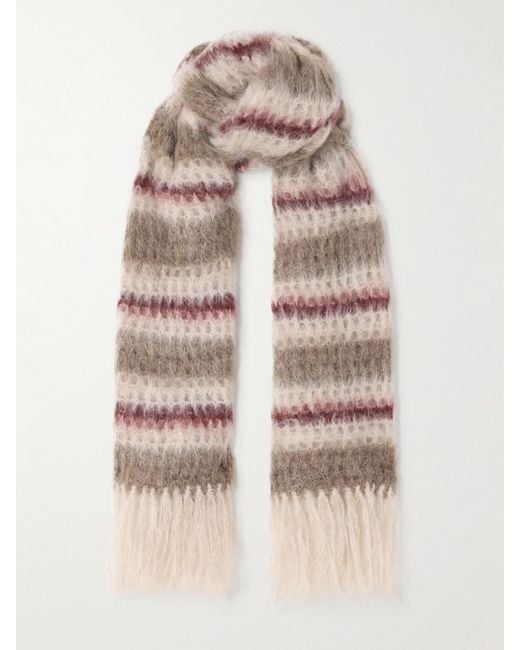 Brunello Cucinelli Natural Fringed Striped Mohair-Blend Scarf