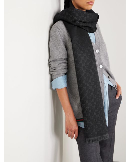 Gucci Black Frayed Wool-Jacquard Scarf