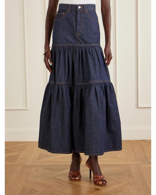 Saint Laurent Blue Tiered Denim Maxi Skirt