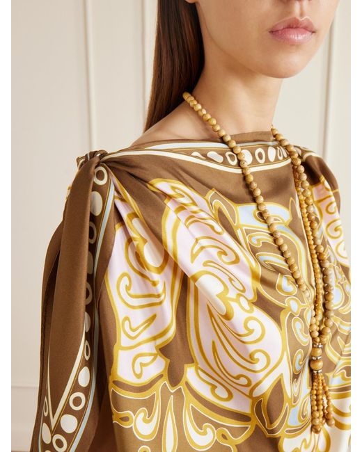 LaDoubleJ Metallic Asymmetric Knotted Printed Silk-Satin Blouse