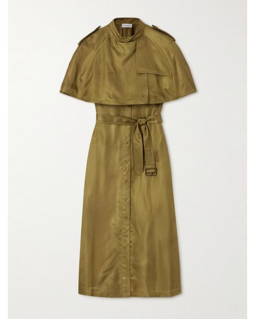 Burberry Green Layered Belted Satin-Twill Midi Dress