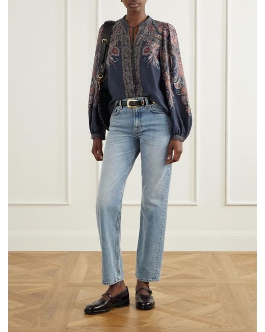 Sea Blue Hyacinth Tie-Detailed Printed Chiffon Blouse