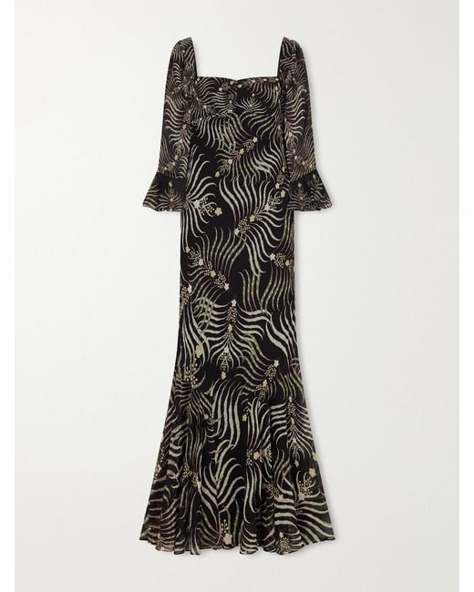 Saloni Black Willa Printed Silk-Chiffon Gown