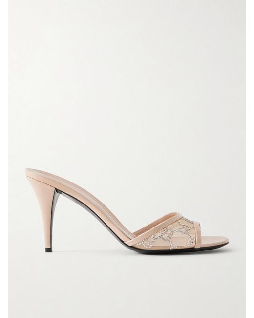 Gucci Natural Crystal-Embellished Leather-Trimmed Mesh Sandals