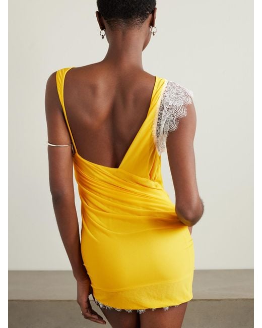 Christopher Esber Yellow Galathea Asymmetrisches Minikleid Aus Crêpe De Chine Mit Spitzenbesätzen