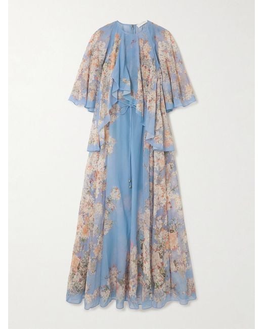 Zimmermann Blue Cascadian Tiered Ruffled Floral-Print Recycled-Georgette Maxi Dress