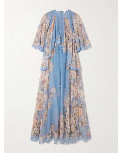 Zimmermann Blue Cascadian Tiered Ruffled Floral-Print Recycled-Georgette Maxi Dress