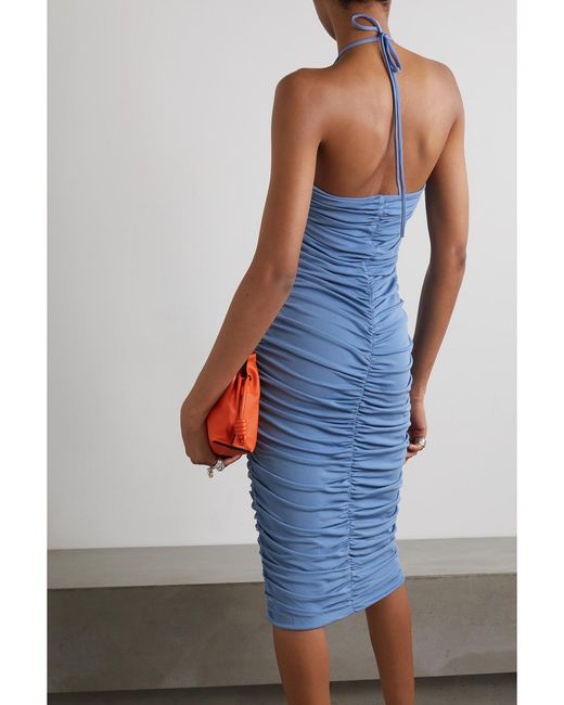 Zeynep Arcay Blue Ruched Halterneck Stretch-Jersey Midi Dress