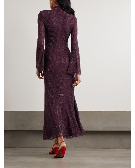 Self-Portrait Purple Crystal-Embellished Fishnet Turtleneck Midi Dress