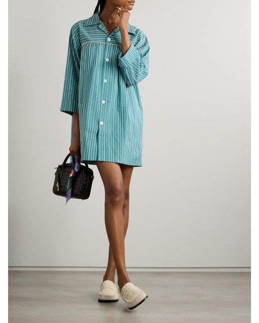 Bode Blue Shore Stripe Quincy Cotton-Blend Poplin Mini Shirt Dress