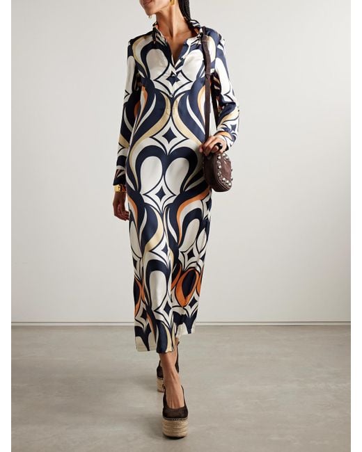 LaDoubleJ Blue Icon Printed Silk-Twill Maxi Shirt Dress