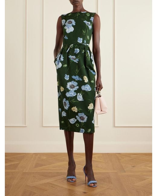 Erdem Green Floral-Printed Cotton-Blend Faille Midi Dress