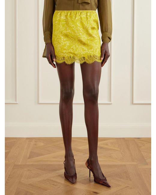 Saint Laurent Yellow Lace-Trimmed Metallic Floral-Jacquard Mini Skirt