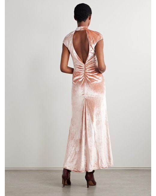 Staud Pink Tina Open-Back Ruched Velvet Gown