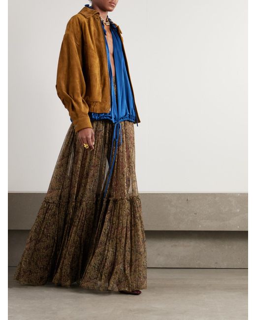 Saint Laurent Blue Bluse Aus Glänzendem Jersey Mit Rüschen
