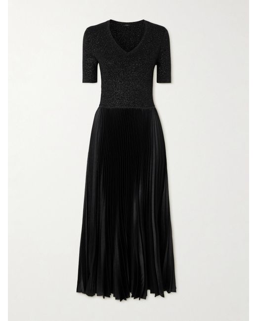 Joseph Black Domat Metallic Merino Wool-Blend And Pleated Satin Dress