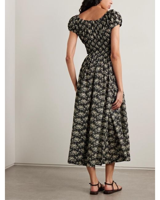 Doen Black Quinley Shirred Floral-Print Organic Cotton-Voile Midi Dress