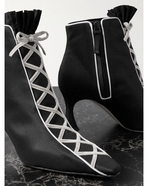 Manolo Blahnik Black Nolhac 70 Ruffled Velvet-Trimmed Silk Ankle Boots
