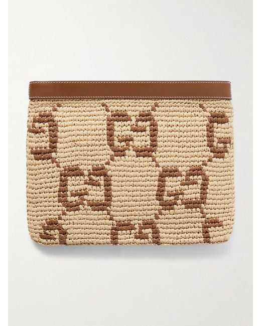 Gucci Natural Leather-Trimmed Crocheted Raffia Clutch