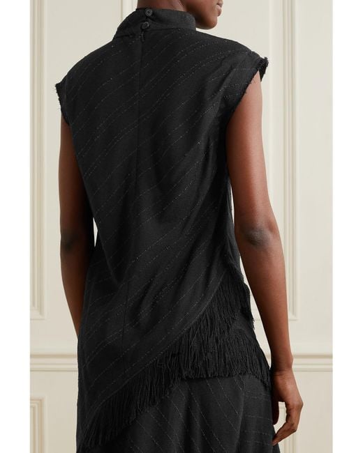 Proenza Schouler Black Asymmetric Fringed Crepe Top