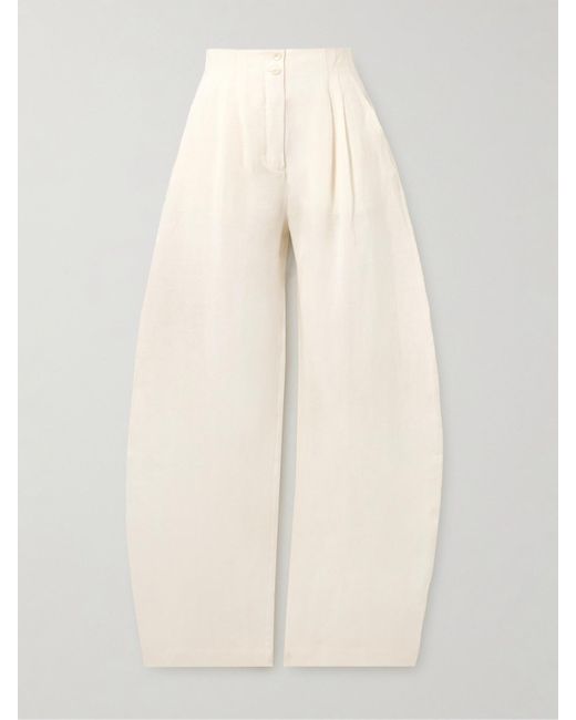Cortana Natural Marlo Pleated Linen Straight-Leg Pants