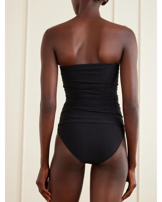 Saint Laurent Blue Strapless Cut-Out Gathered Embellished Swimsuit