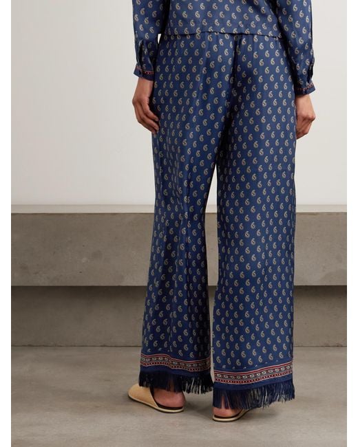 Doen Blue Lavon Fringed Paisley-Print Silk Straight-Leg Pants