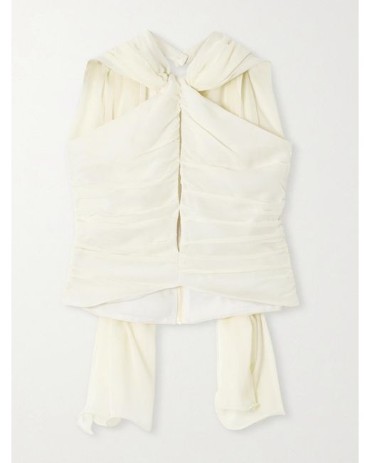Posse Natural Solene Scarf-Detailed Ruched Chiffon Halterneck Top