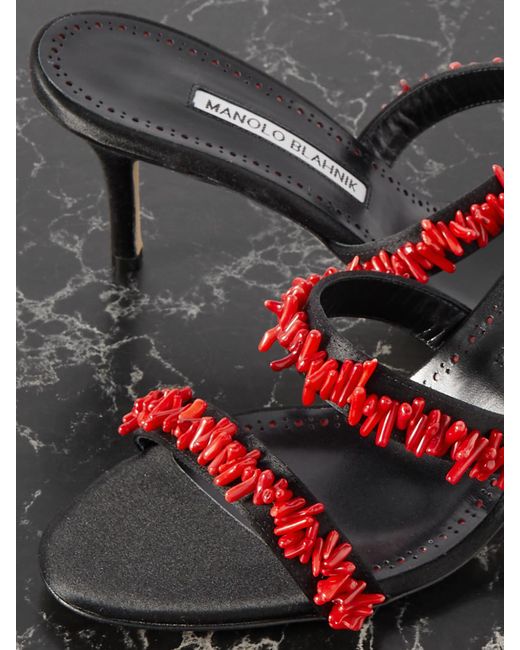 Manolo Blahnik Black Clorettenu 70 Bead-Embellished Satin Sandals