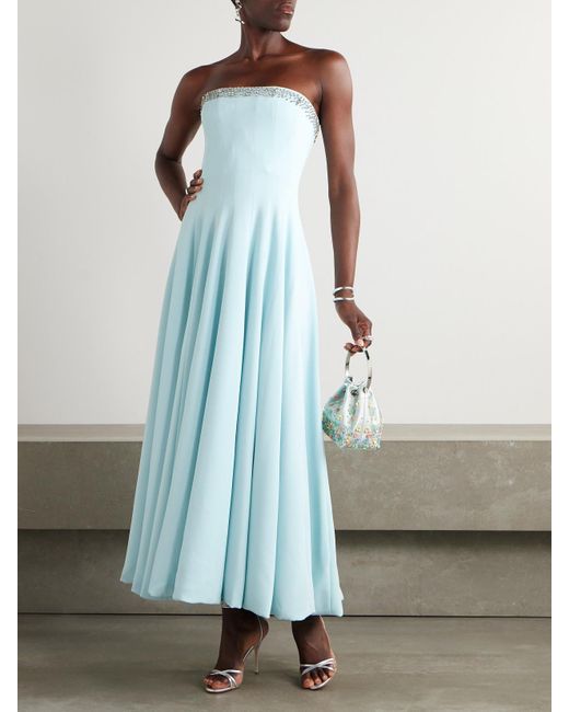 Costarellos Blue Aldina Strapless Pleated Crystal-Embellished Crepe Midi Dress