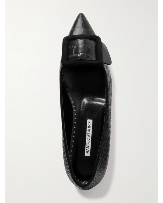 Manolo Blahnik Black Maysale 10 Buckled Suede-Trimmed Croc-Effect Leather Point-Toe Flats