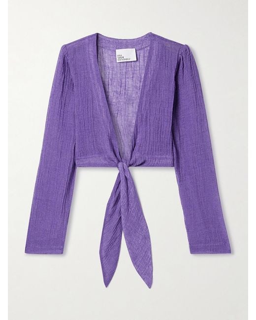 Lisa Marie Fernandez Purple Net Sustain Cropped Tie-Front Linen-Blend Gauze Blouse