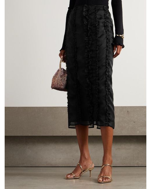 CECILIE BAHNSEN Black Ocean Ruffled Silk-Organza Midi Skirt