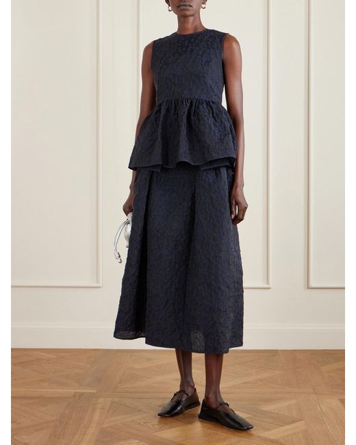 CECILIE BAHNSEN Blue Margueritte Embroidered Cotton-Blend Cloqué Peplum Top