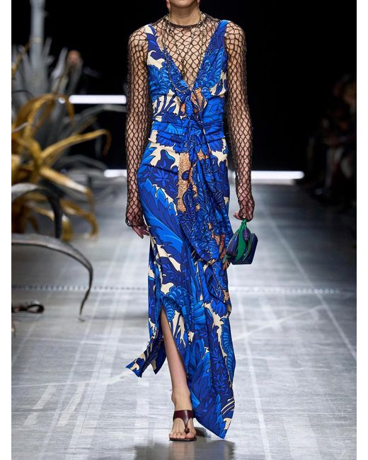 Etro Blue Asymmetric Ruffled Printed Jersey Maxi Dress