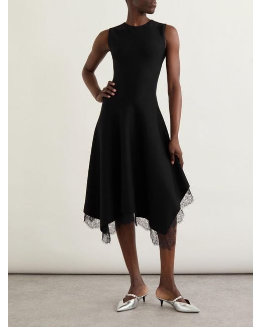 Alexander McQueen Black Asymmetric Lace-Trimmed Woven Midi Dress