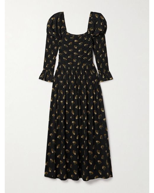 Doen Black Wilmina Shirred Floral-Print Cotton-Blend Maxi Dress