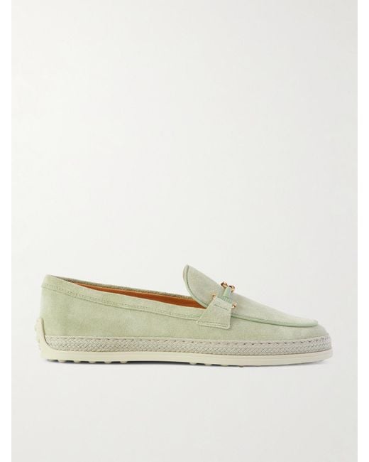 Tod's Natural Gomma Embellished Leather And Raffia-Trimmed Suede Loafers