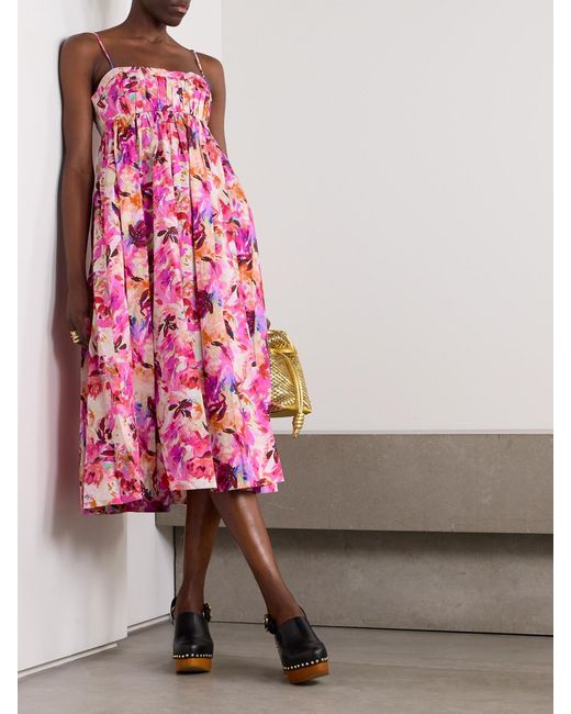 Ulla Johnson Pink Lucille Pleated Floral-Print Cotton-Poplin Midi Dress