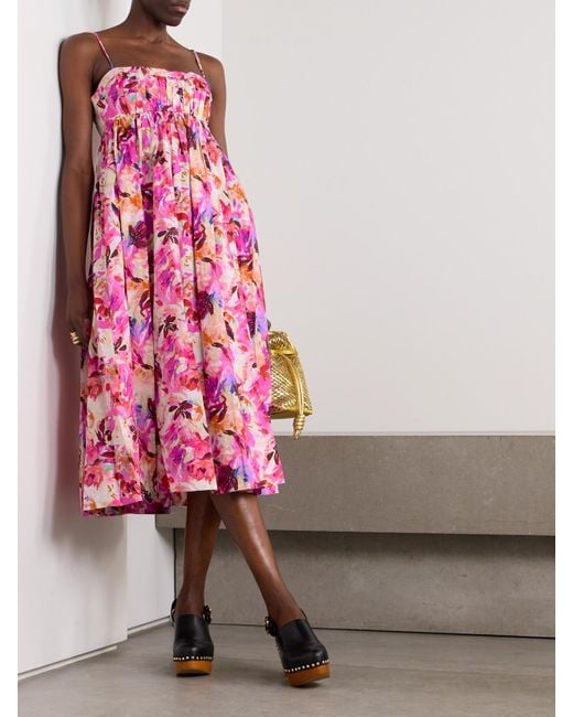 Ulla Johnson Pink Lucille Midikleid Aus Baumwollpopeline Mit Blumenprint Und Plissee