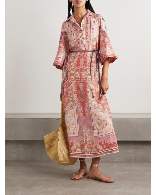 ZIMMERMANN ジマーマン ワンピース Wylie printed linen 998176 Zimmermann Wylie Belted Printed Linen Midi Dress in Pink | Lyst
