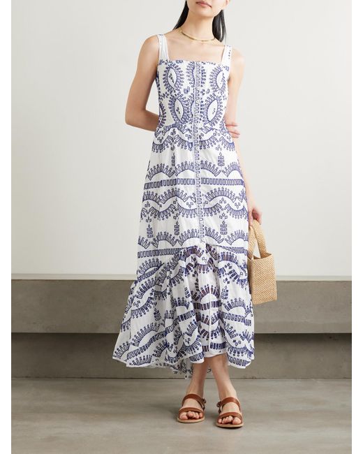 Charo Ruiz Blue Nissy Smocked Scalloped Broderie Anglaise Cotton-Blend Midi Dress