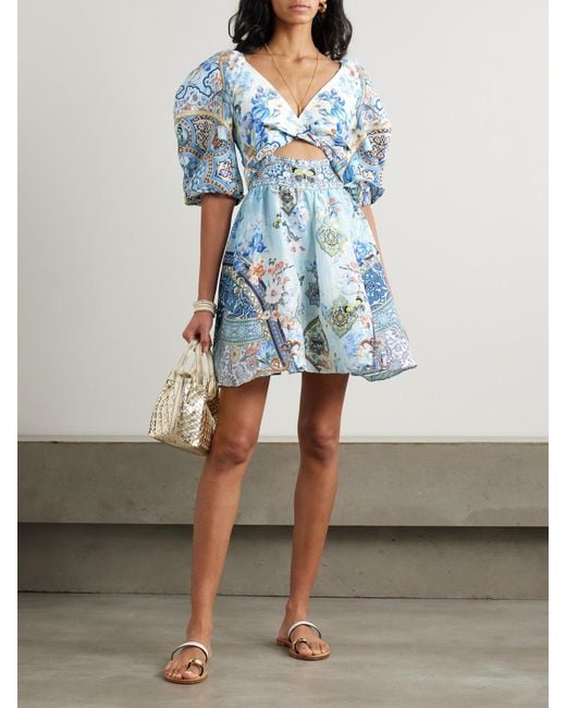 Camilla Blue Al Manial Palace Memoirs Twist-Front Crystal-Embellished Linen And Silk-Blend Mini Dress