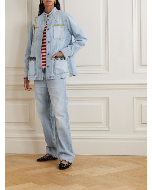 Valentino Garavani Blue Embellished Printed Chiffon-Trimmed Denim Jacket