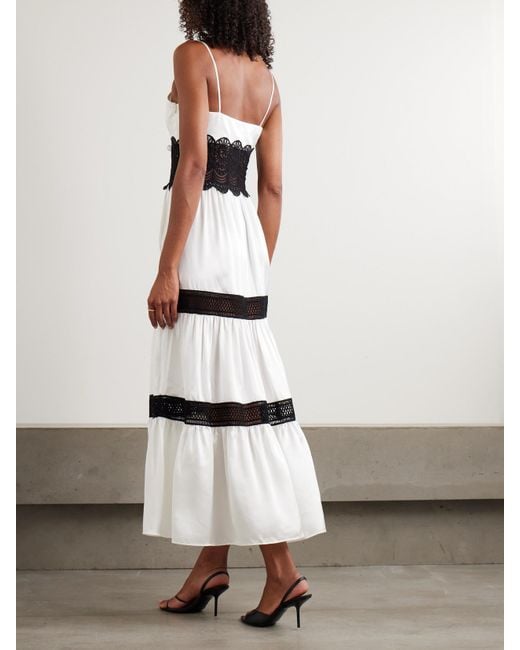 Loretta Caponi White Demi Tiered Lace-Trimmed Silk-Satin Midi Dress