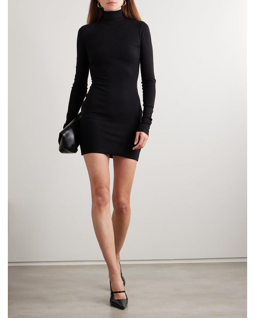 ÉTERNE Black Ribbed Stretch Cotton And Modal-Blend Mini Turtleneck Dress