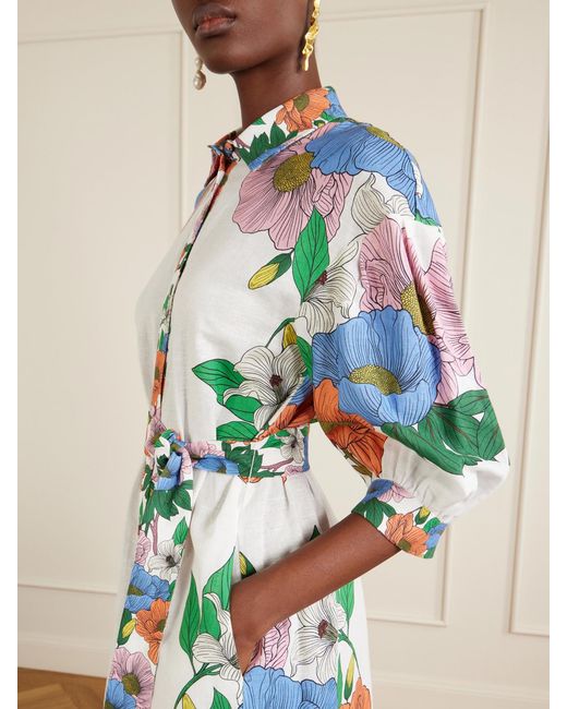 Borgo De Nor White Bianca Linen-Blend Floral Midi Dress